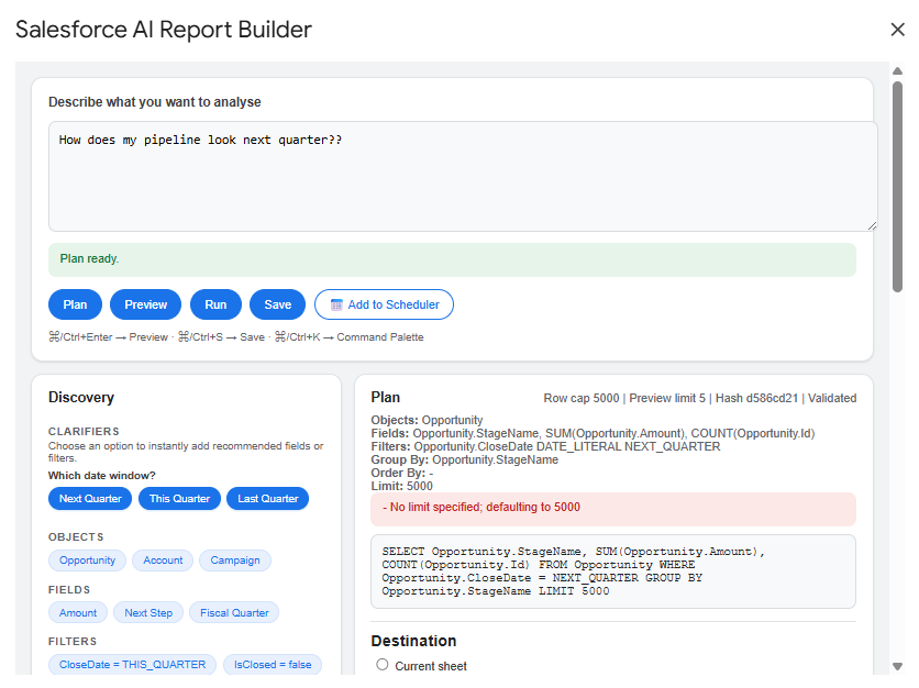 Salesforce AI Report Builder — natural language to SOQL with discovery panel and clarifier chips