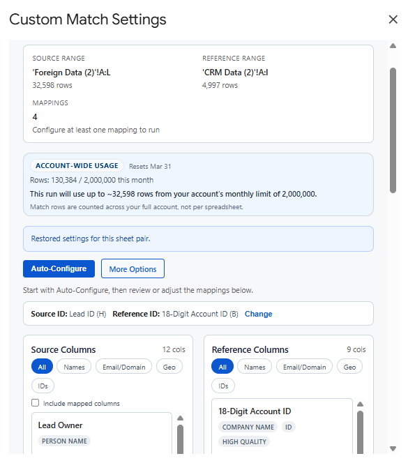 Custom Match Settings — 32K source rows matched against CRM data