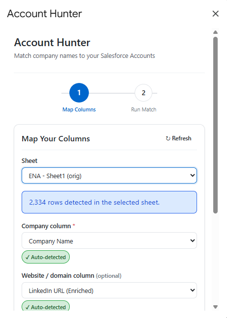 Account Hunter — match company names to Salesforce Accounts with auto-detected columns