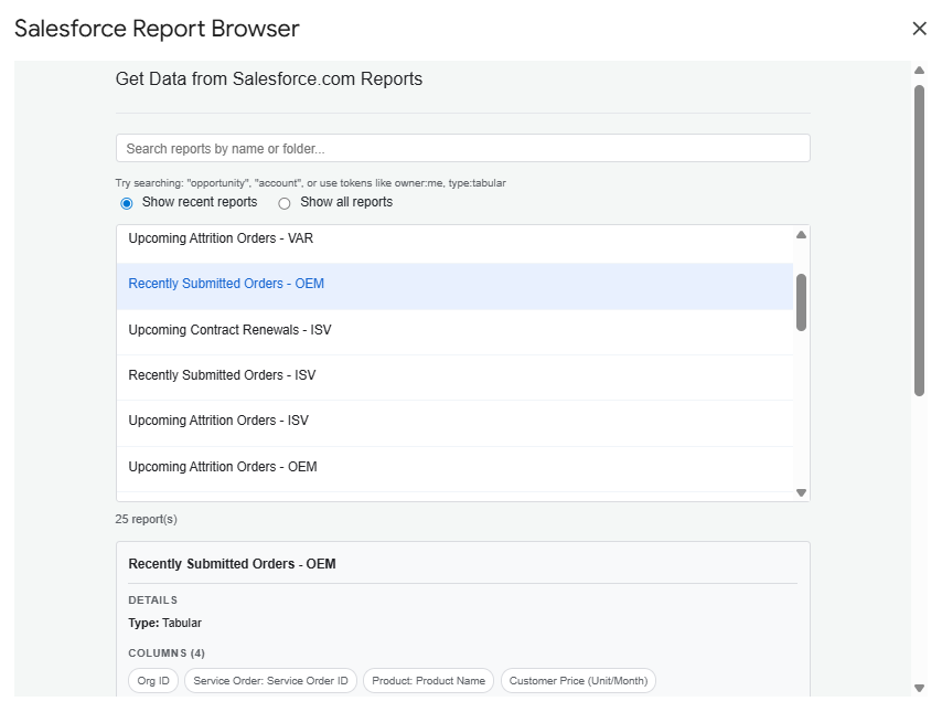 Salesforce Report Browser — search and pull reports by name or folder with column preview